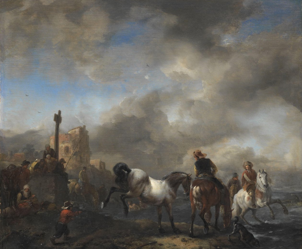 Hästdamm nära en gränssten av Philips Wouwerman