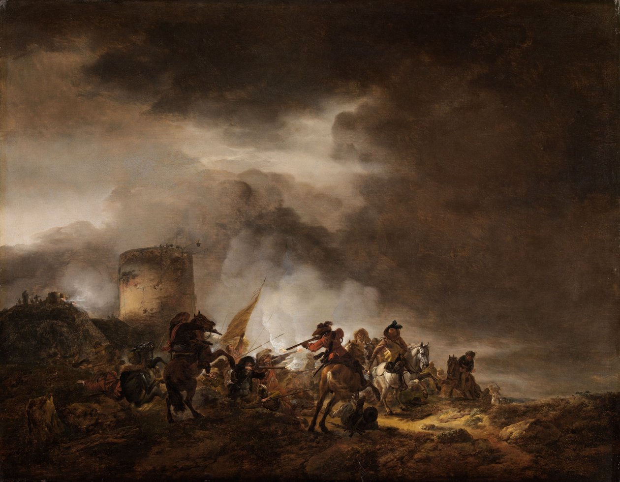 Strid mellan ryttare och infanteri framför en befästning av Philips Wouwerman