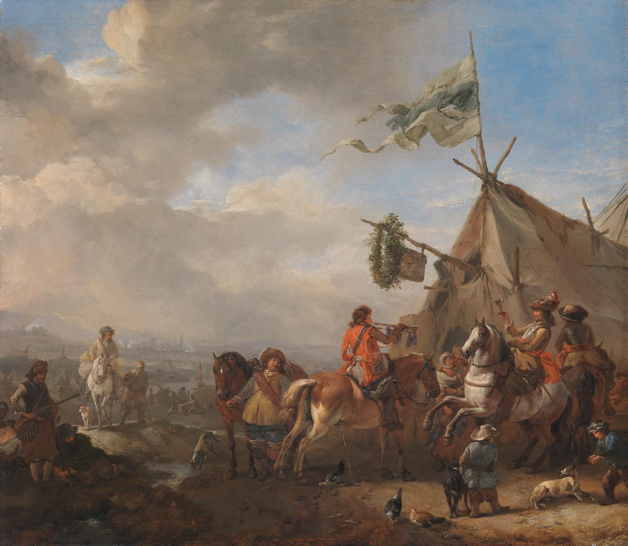 Kavalleri vid en marknadsförsäljares monter av Philips Wouwerman