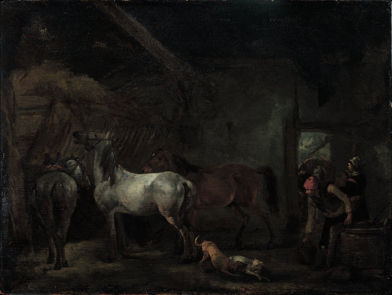 Uppstallning med tre hästar av Philips Wouwerman