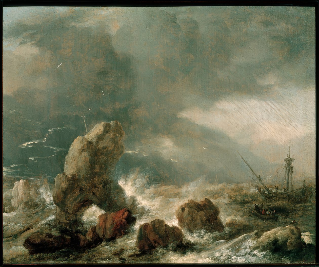Stormigt hav med tre fartyg i nöd av Philips Wouwerman