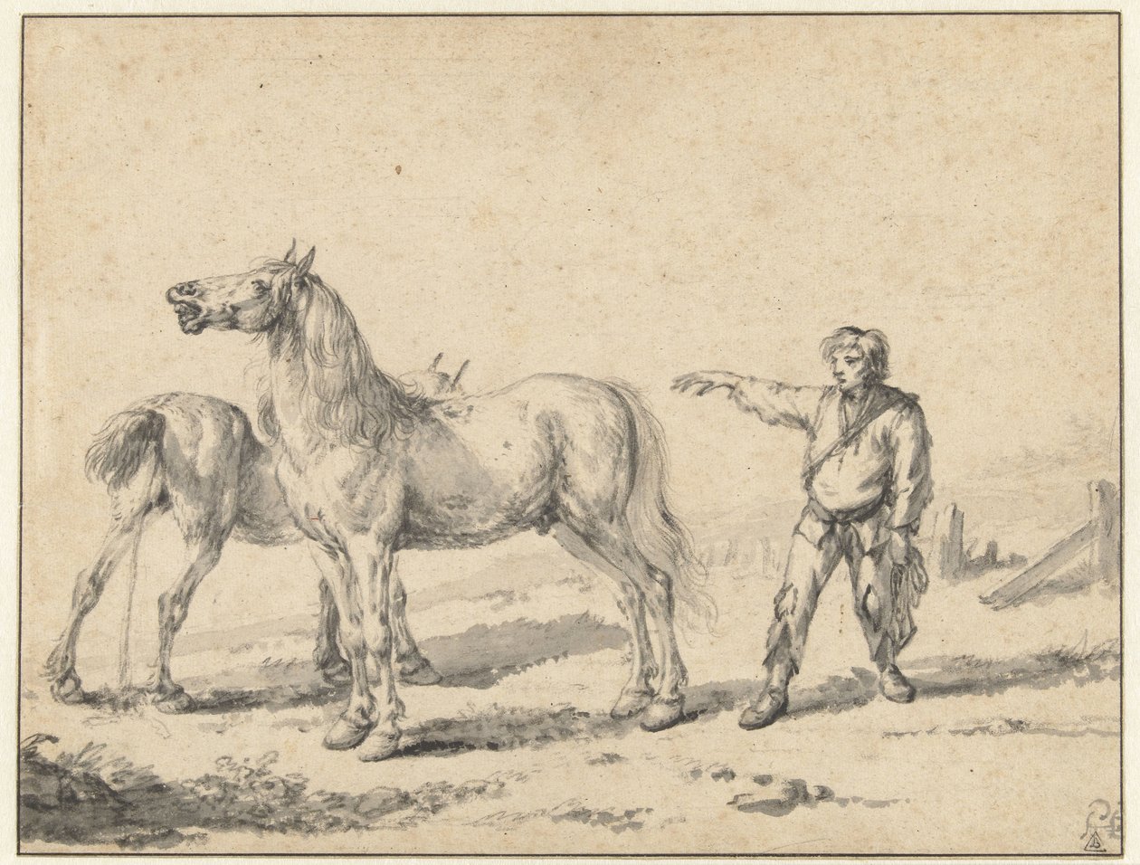 Två hästar, en kissar och den andra gnäller, och en stående man med höger arm upplyft av Philips Wouwerman