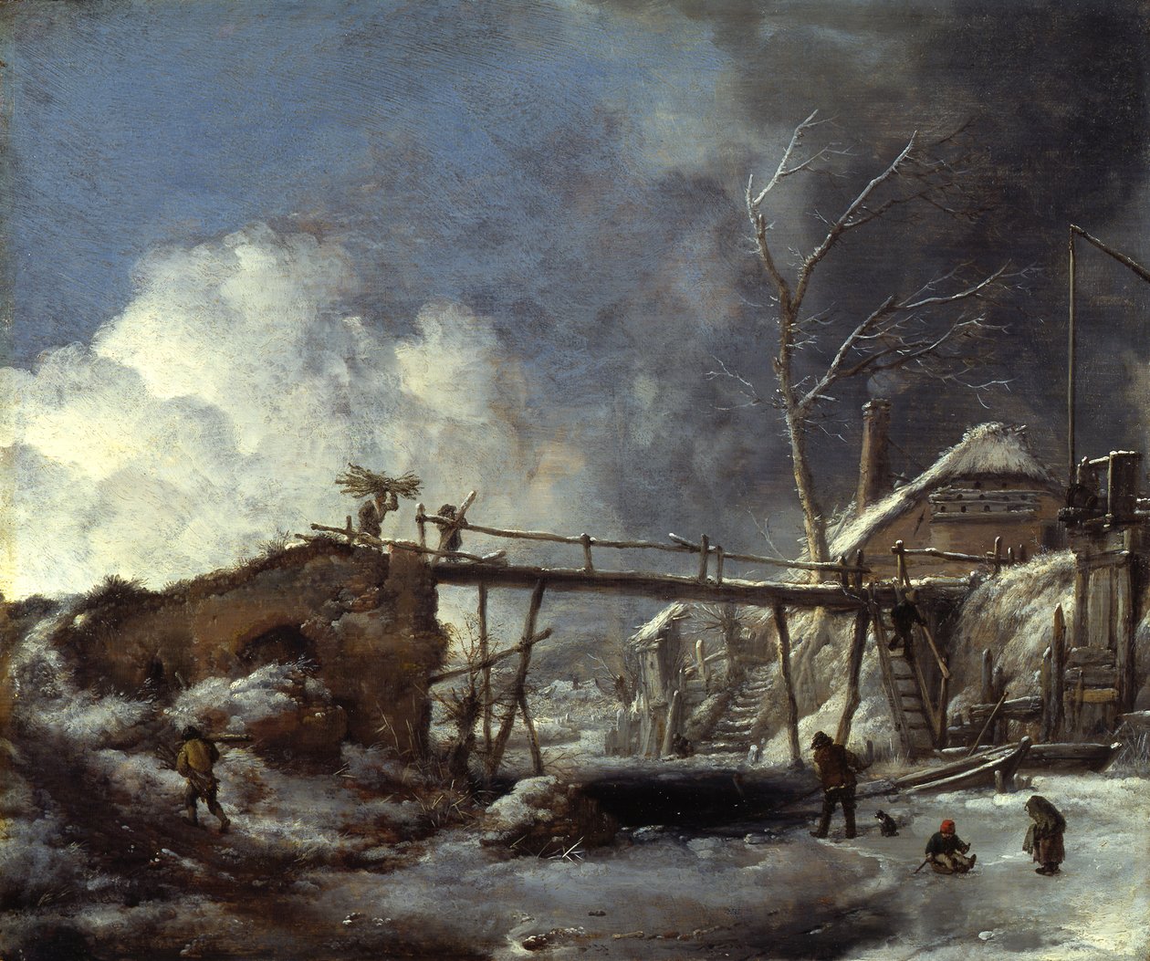 Vinterlandskap med träbro av Philips Wouwerman