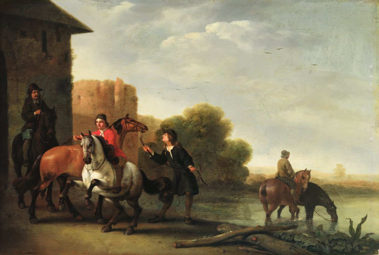 Ryttare som vattnar sina hästar av Philips Wouwermans or Wouvermans