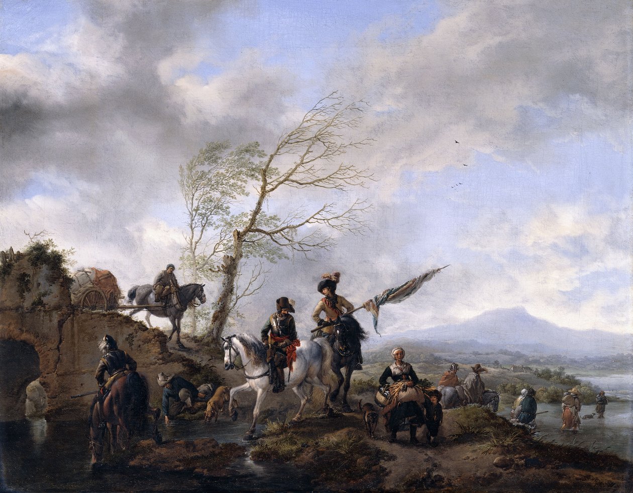 Ett vidsträckt flodlandskap med soldater och en fanbärare som vattnar sina hästar, av Philips Wouwerman
