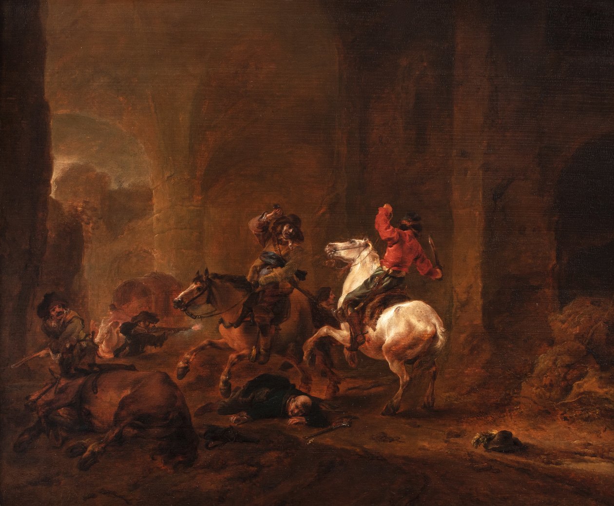 Banditer bakhåller resenärer på en väg bland ruiner, ca 1635-50 (olja på panel) av Philips Wouwermans or Wouwerman