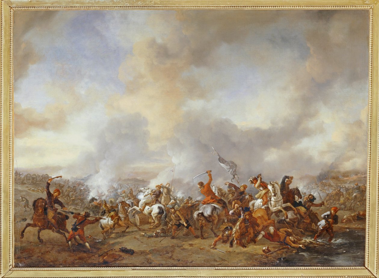 En stor strid mellan ryttare och infanterister ... av Philips Wouwermans or Wouwerman