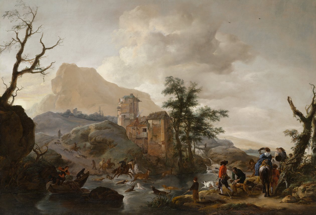 Stag Hunt in a River, ca 1650-1655 av Philips Wouwerman