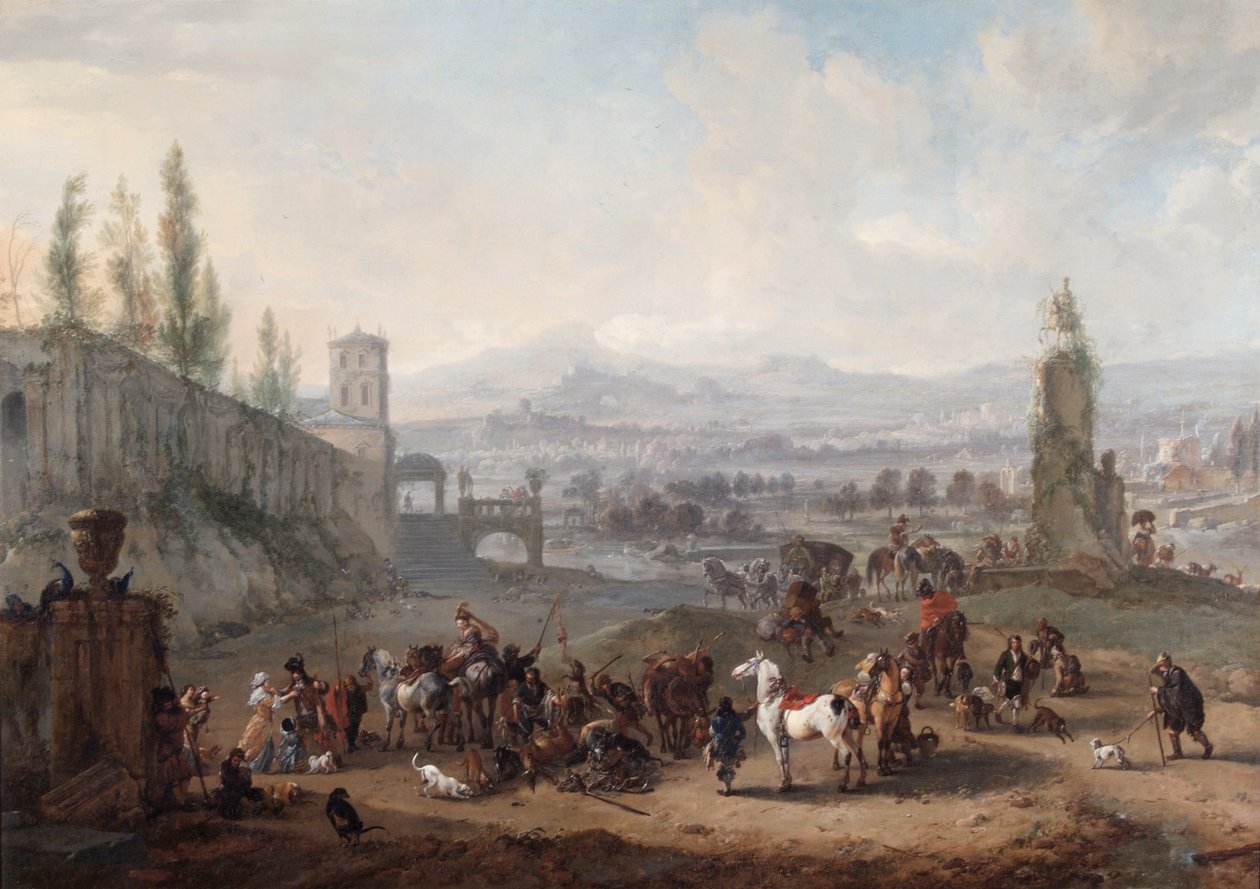 The Return from the Chase, efter c.1650 (olja på duk) av Philips Wouwermans or Wouwerman