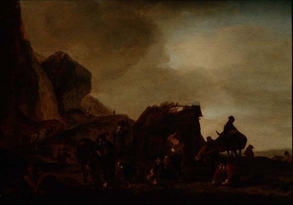 Resenärer och tiggare vid en förstörd hydda av Philips Wouwermans or Wouwerman