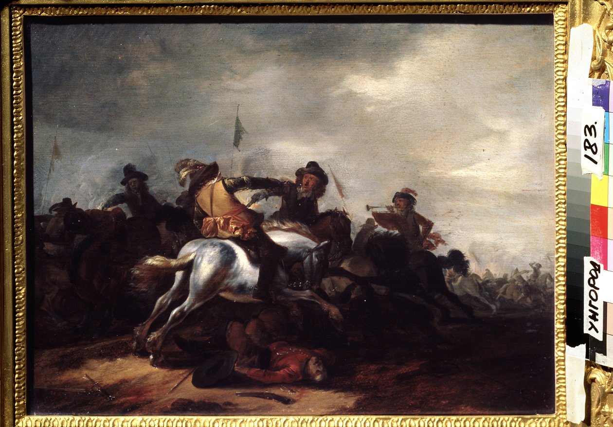 En strid. Målning av Philips Wouwerman (1619-1668). Olja på trä, 31 ​​x 41 cm. Flamländsk konst, barockkonst. Regionalt konstmuseum, Uzhgorod (Ukraina). av Philips Wouwermans or Wouwerman
