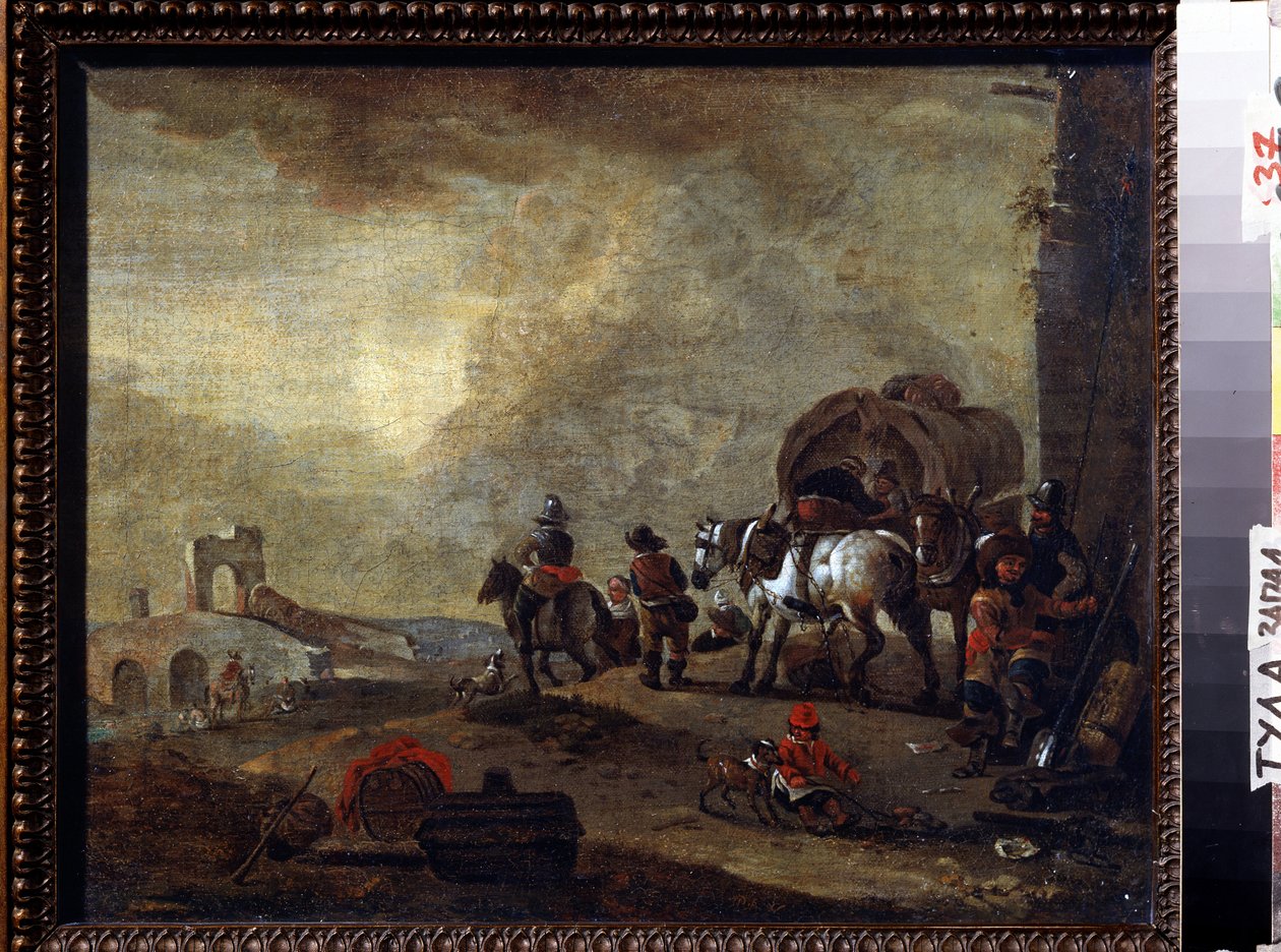 Resenärer på väg. Målning av Philips Wouwerman (1619-1668). Olja på duk, 33,5 x 41,5 cm. Flamländsk konst, barockstil. Statens konstmuseum, Tula (eller Tolan), Ryssland. av Philips Wouwermans or Wouwerman