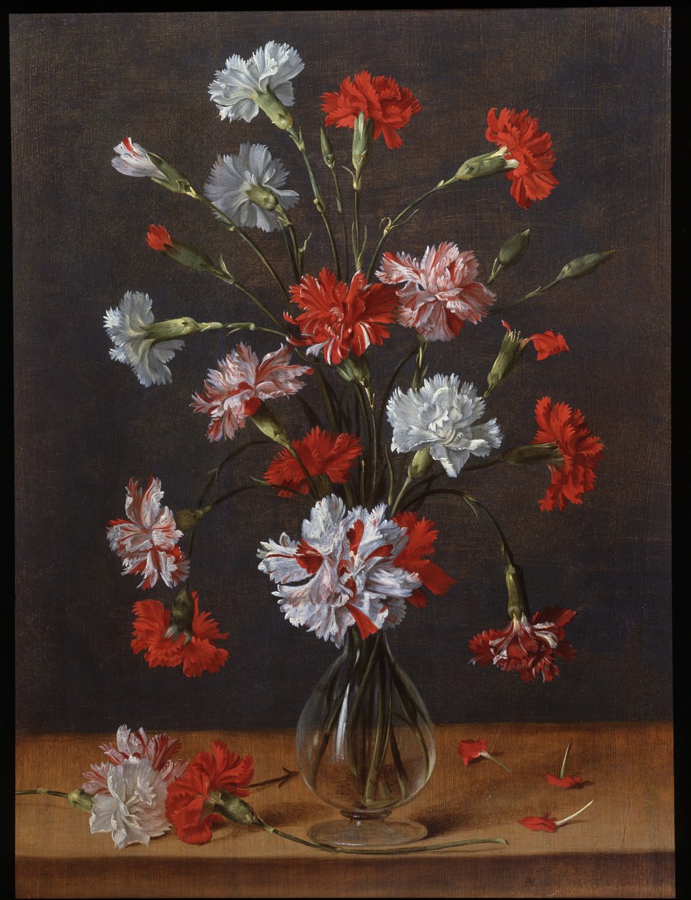 En bukett nejlikor i en glasvas, ca 1600-1700 (olja på pannå) av Phillipe de Marlier