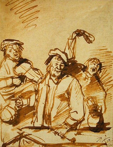 Tre glada unga män, 1660 (penna och brunt bläck på papper) av Phillips de Koninck