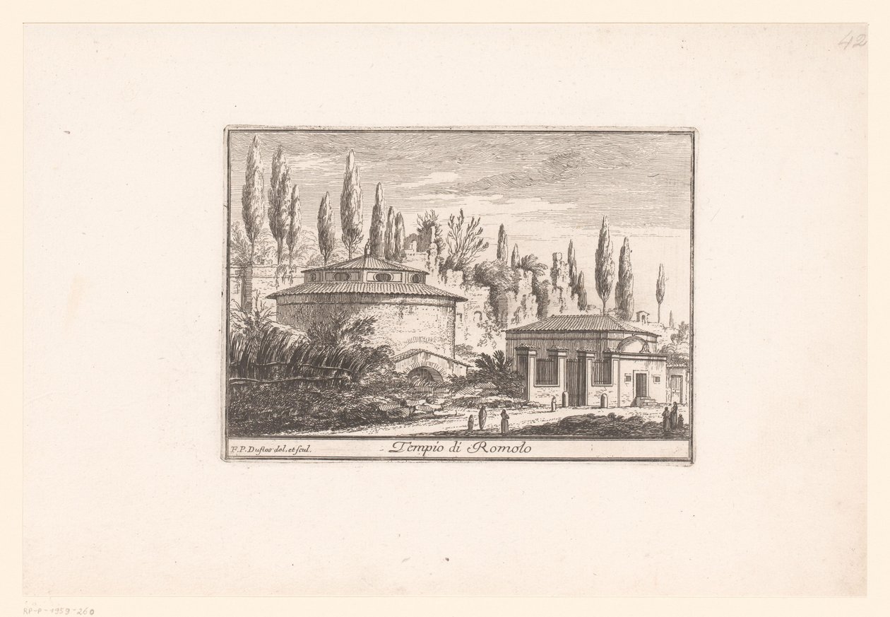 Utsikt över Romulus tempel Tempio di Romolo (titel på objekt) Utsikt över det antika och moderna Rom (serietitel) Varie Vedute di Roma Antica, e Moderna (serietitel) av Philothée Francois Duflos