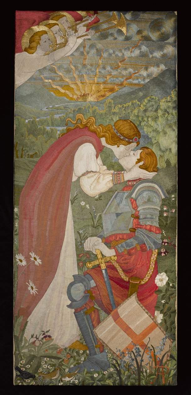 St. George In Armor Being Kissed By Una, 1914 (broderi med siden och guld) av Phoebe Anna Traquair