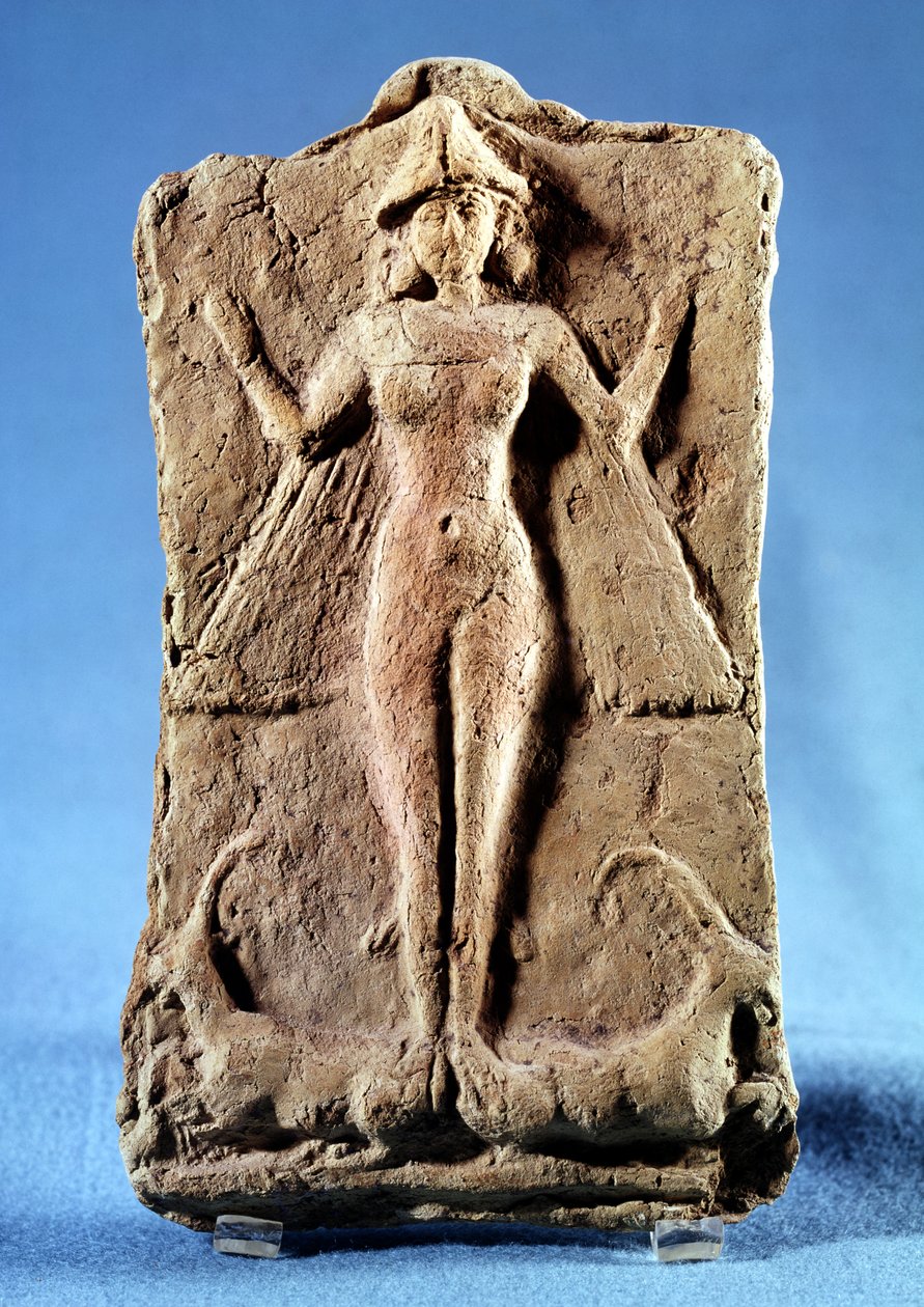 Plack föreställande en bevingad gudinna, möjligen Ishtar, stående på två stenbockar, från Ras Shamra (Ugarit) 3:e årtusendet f.Kr. (terrakotta) av Phoenician