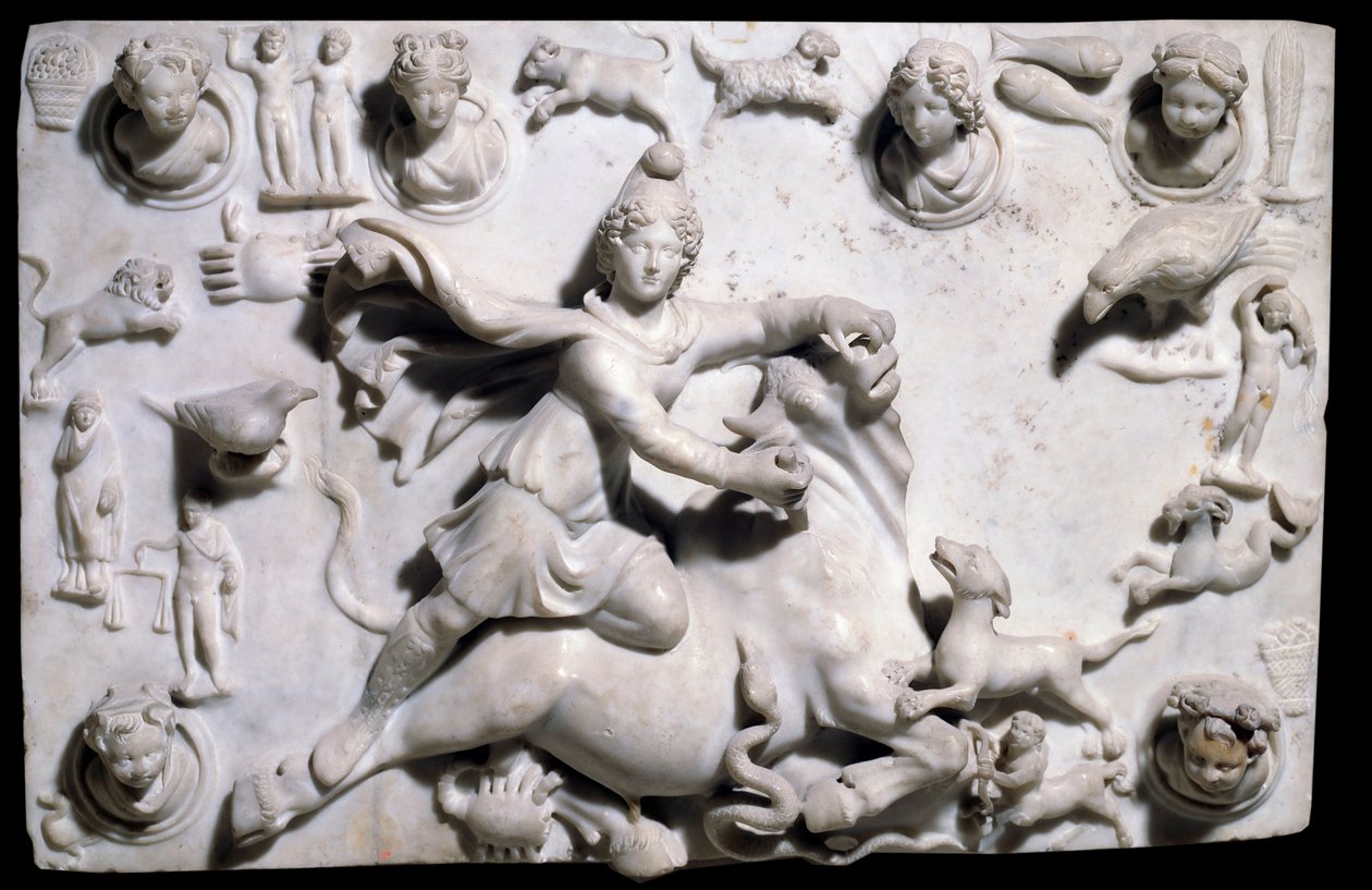 Orientaliska antikviteter: Mithra som dödar tjuren (kommer från Mithraeum i Sidon). Lågreliefmarmor från Sayda, 2:a-3:e århundradet (grekisk-romersk tid, feniciska kungariket). Paris, Louvren av Phoenician Phoenician
