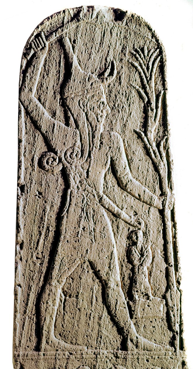 Fenicisk konst: kalkstensstele av guden Baal i blixten. (Gud krigare som skyddar kungen) Skulptur från 1800- eller 1700-talet f.Kr.,. Från Ras Shamra (Ugarit eller Ougarit) Dim 142 cm Paris, Musee du Louvre av Phoenician Phoenician