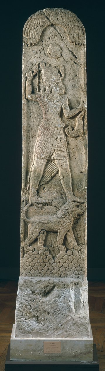 Votiv stela föreställande en gud som står på ett lejon, från Amrith, c.550 f.Kr. (kalksten) av Phoenician School