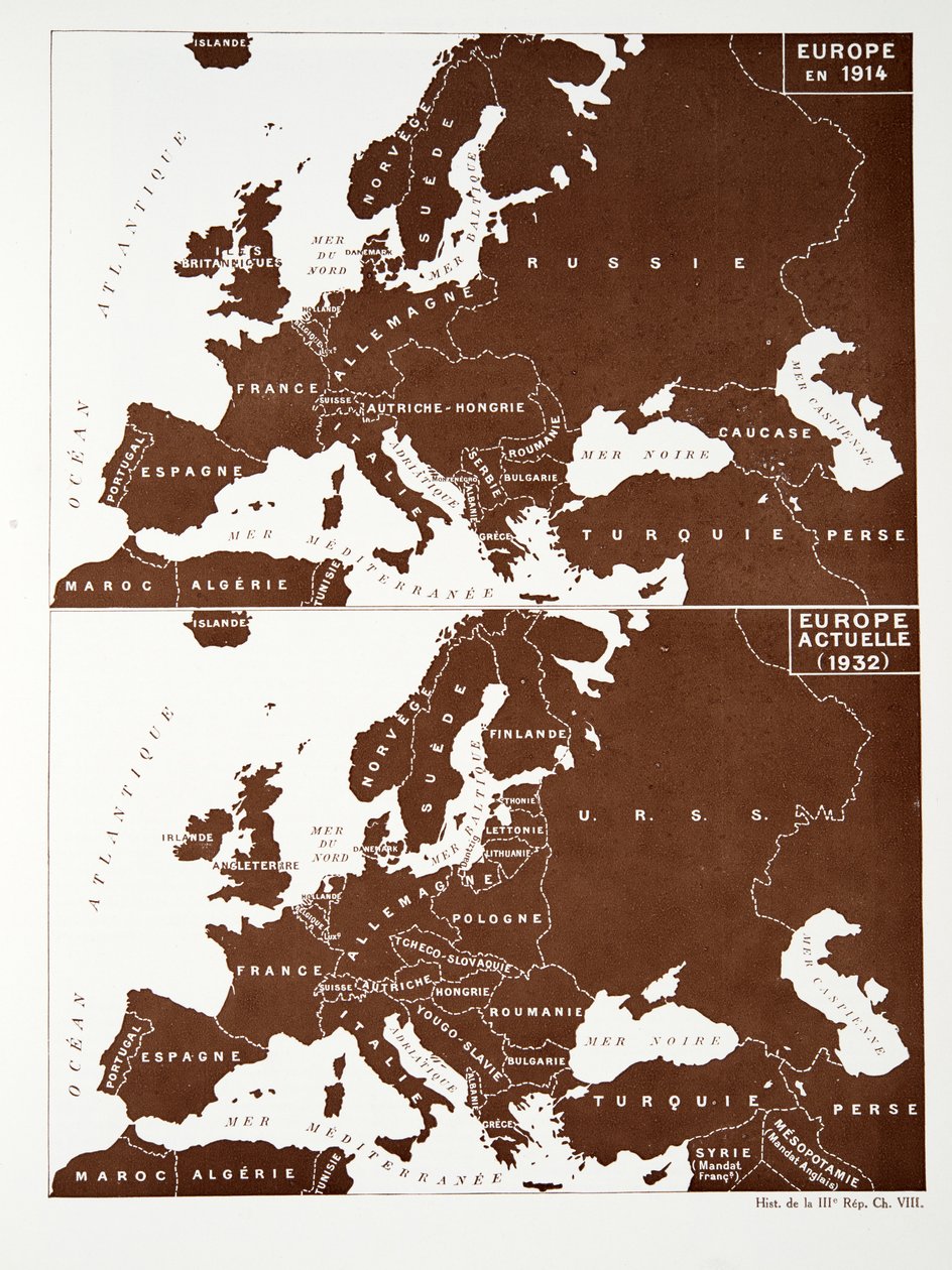 Karta över Europa 1914, och Europa 1932, från Histoire de la Troisieme Republique, Vol. I, Politisk historia, pub. 1933 (färg litho) av Photographer French
