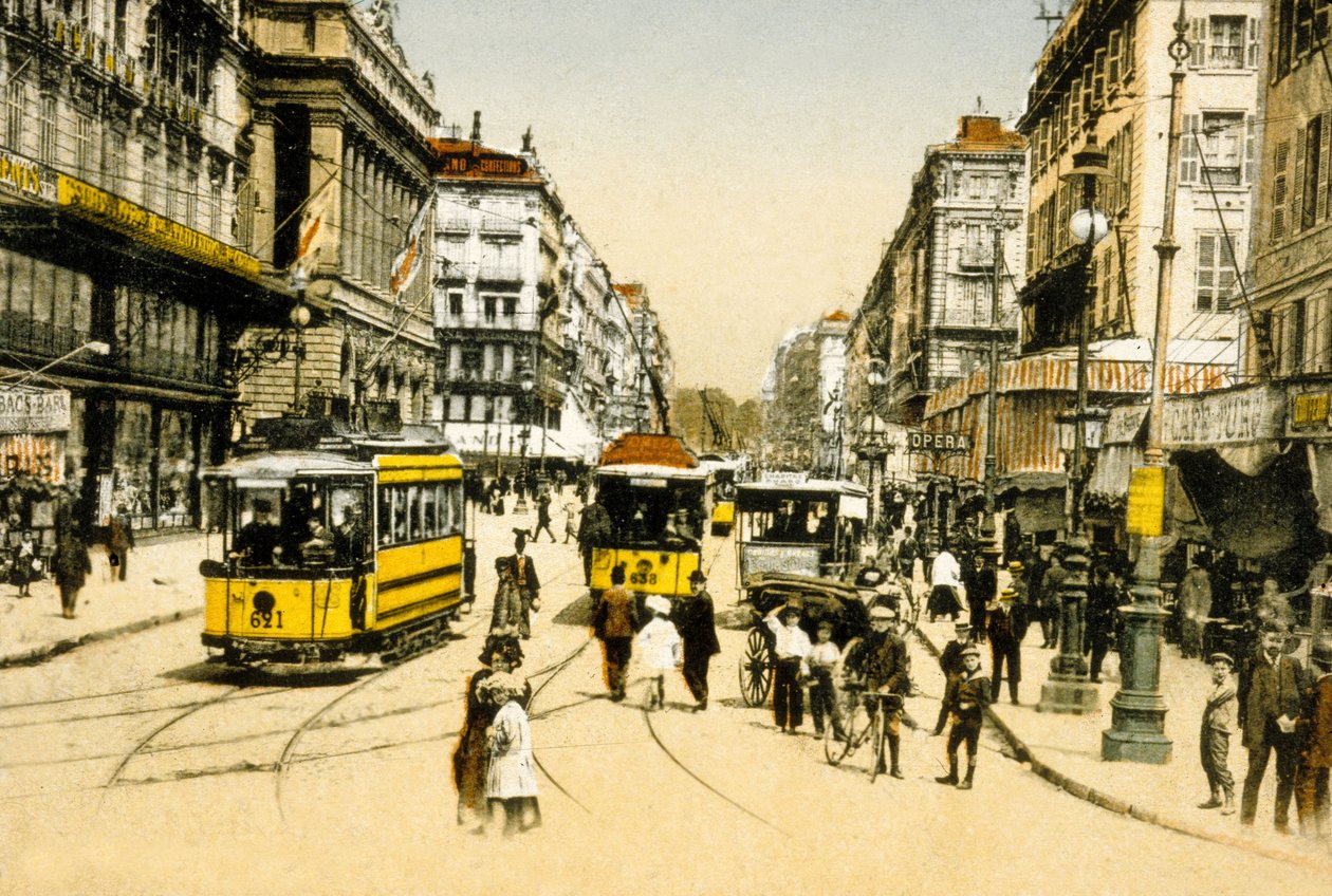 Cannebiere med spårvägar, Marseille, Frankrike, ca. 1900 (foto) av Photographer French