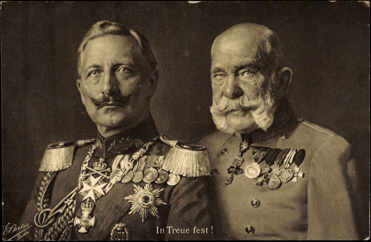 Ak Kejsar Wilhelm II av Preussen med kejsar Franz Josef I av Österrike, lojalitet (svartvitt foto) av Photographer German