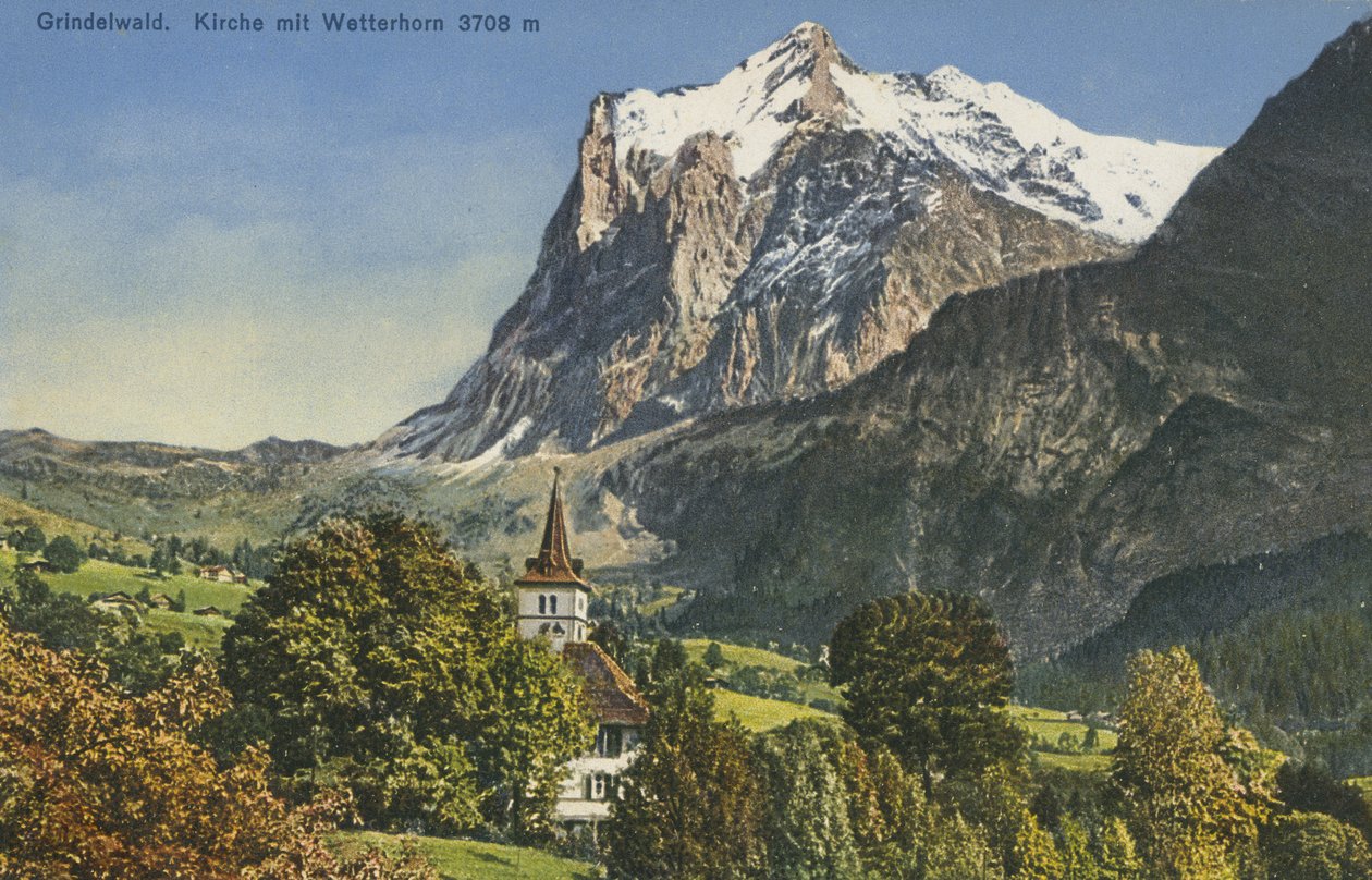 Grindelwalds kyrka och Wetterhorn, Schweiz (färgfoto) av Photographer Swiss