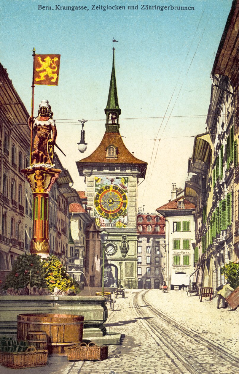 Klocktornet Zytglogge och fontänen Zahringerbrunnen, Kramgasse, Bern Schweiz (färgfoto) av Photographer Swiss