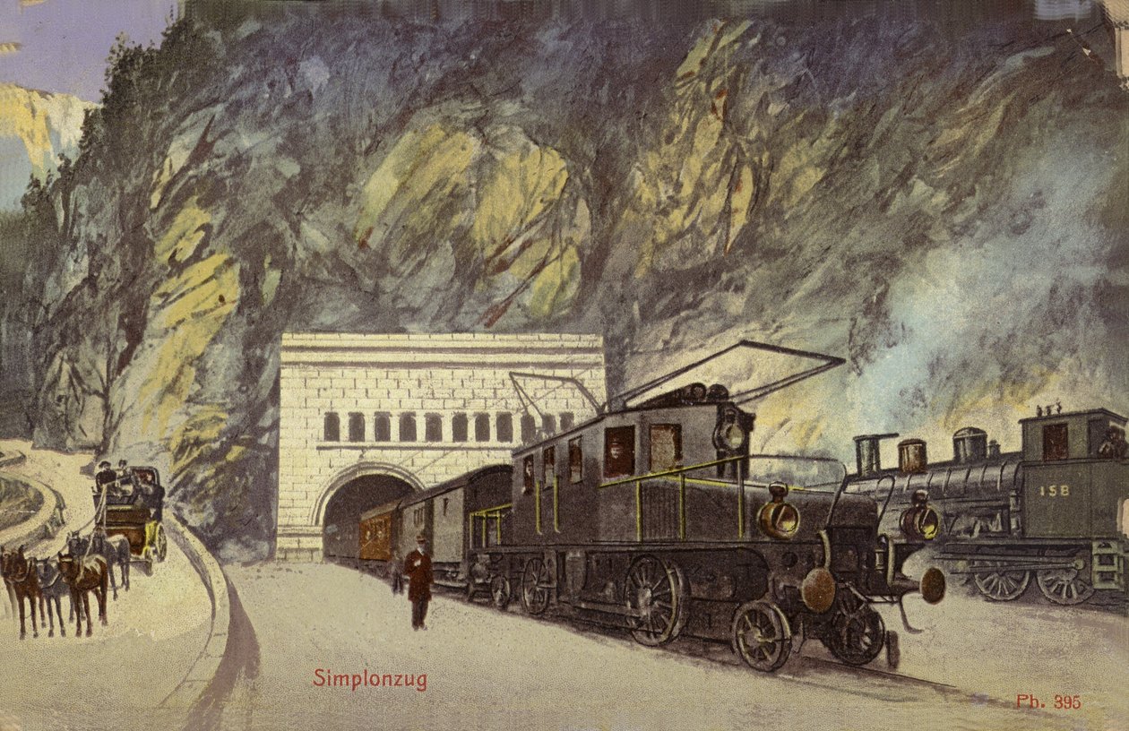 Tåg vid infarten till Simplontunneln (färgfoto) av Photographer Swiss