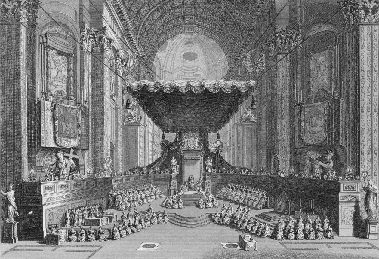 Kanonisering av helgon i Peterskyrkan i Rom 1712, graverad av T. Brown, från "World Religion", utgiven av A. Fullarton und Co. av Picart