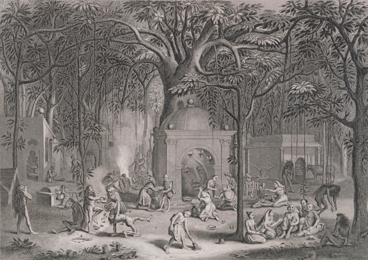 Hindu Fakirs Practicing their Superstitious Rites, graverad av Bell, från World Religion, publicerad av A. Fullarton & Co. av Picart