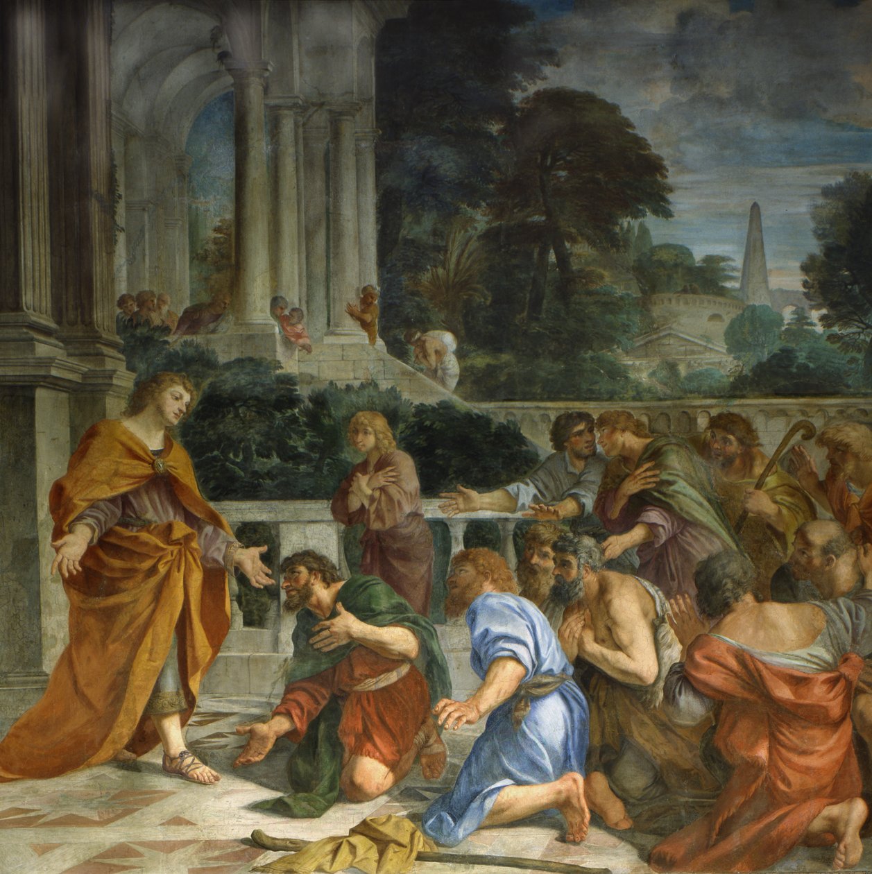 Bibliska berättelser, Joseph blir igenkänd av sina bröder, Detalj av Pier Francesco Mola