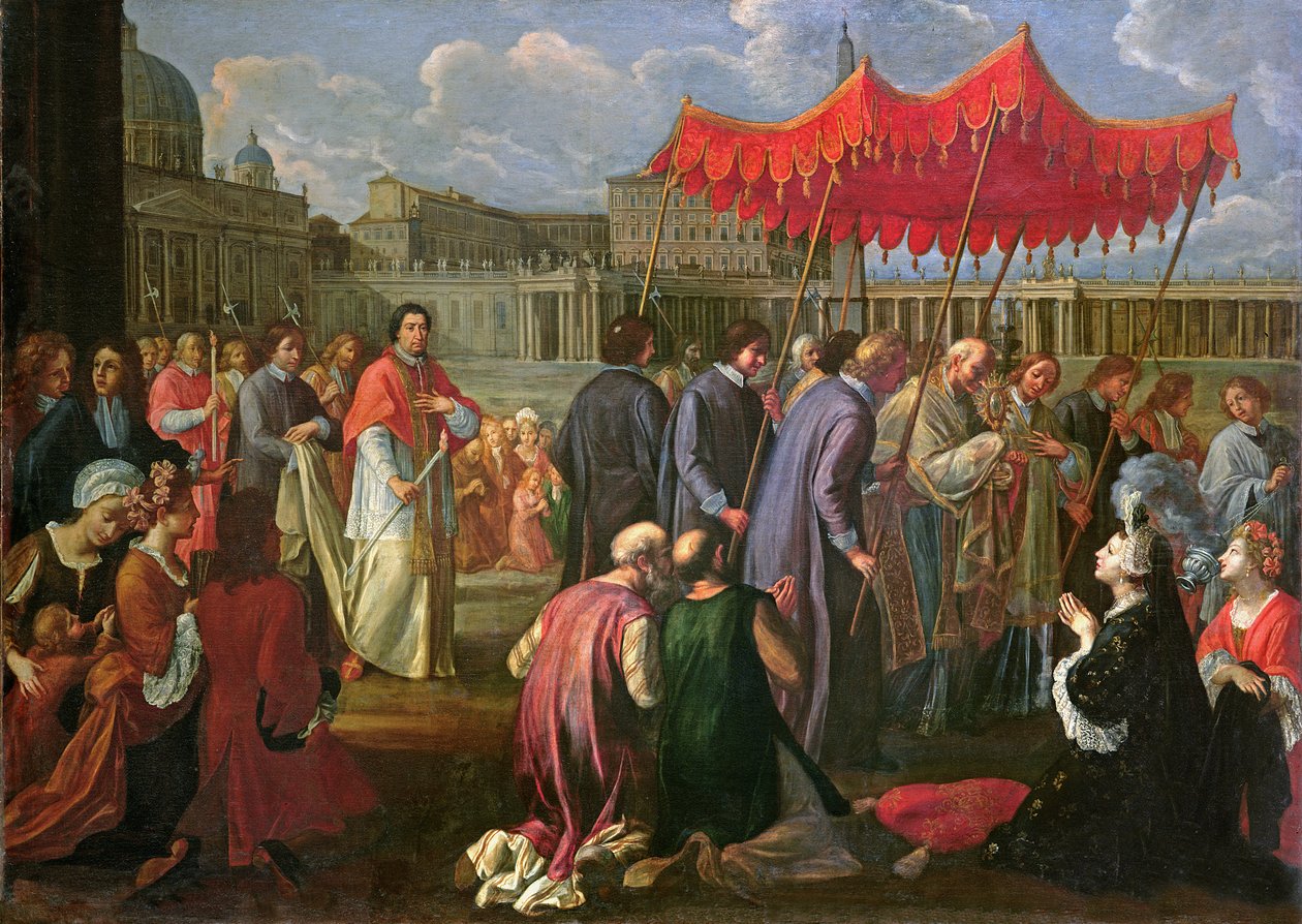 Påven Clemens XI (1649-1721) i en procession på Petersplatsen, Rom av Pier Leone Ghezzi