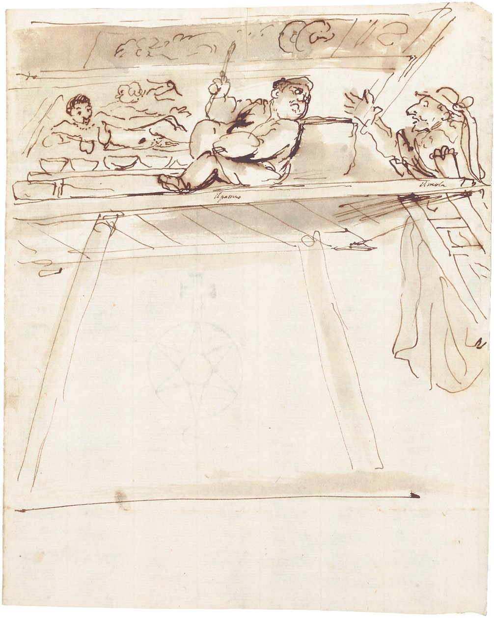En karikatyr av Pier Francesco Mola som avbryter Giovanni Battista Passeri som målar en takdekoration av en liggande Venus av Pier Francesco Mola