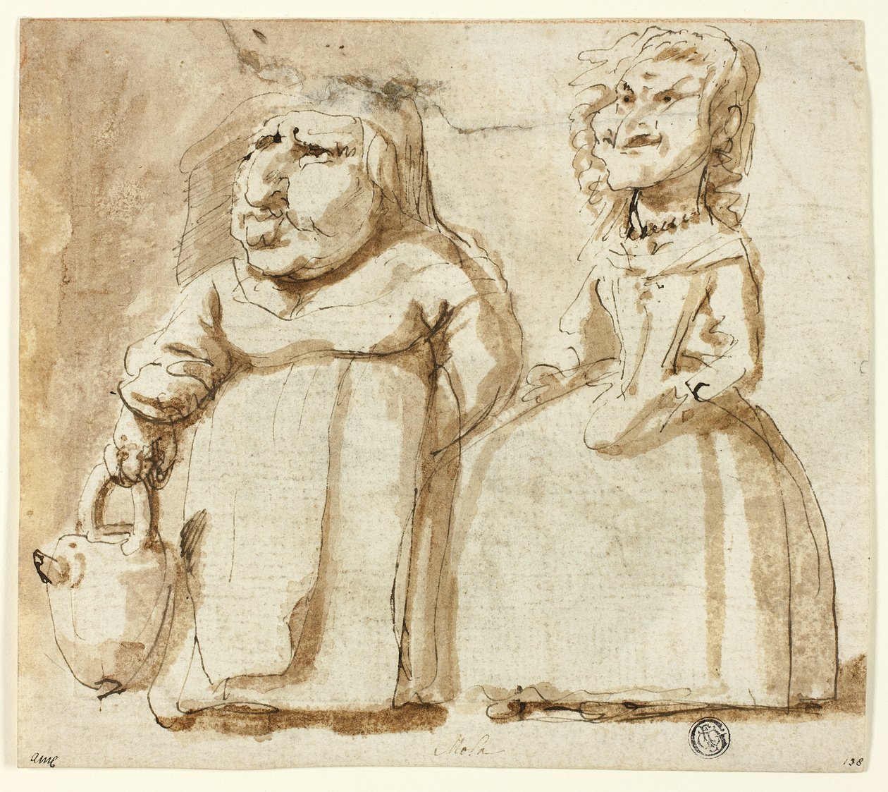 Karikatyrer av två kvinnor (recto); bedjande Judas (verso) av Pier Francesco Mola