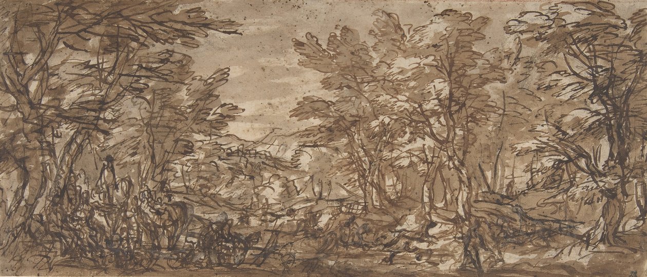 Skogsscen, ett stopp till vänster, en jakt i centrum, 1612-66. av Pier Francesco Mola