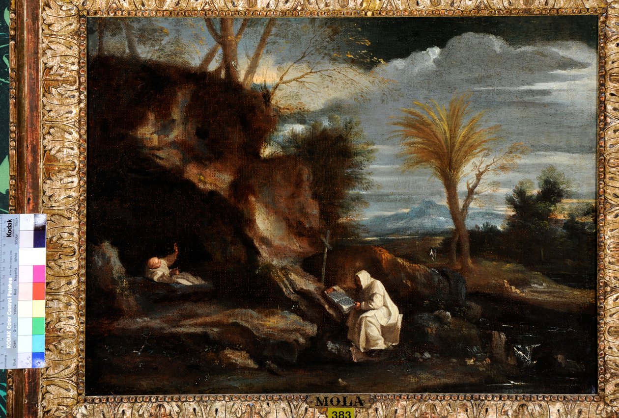 Landskap med två kartusiska munkar (olja på duk) av Pier Francesco Mola
