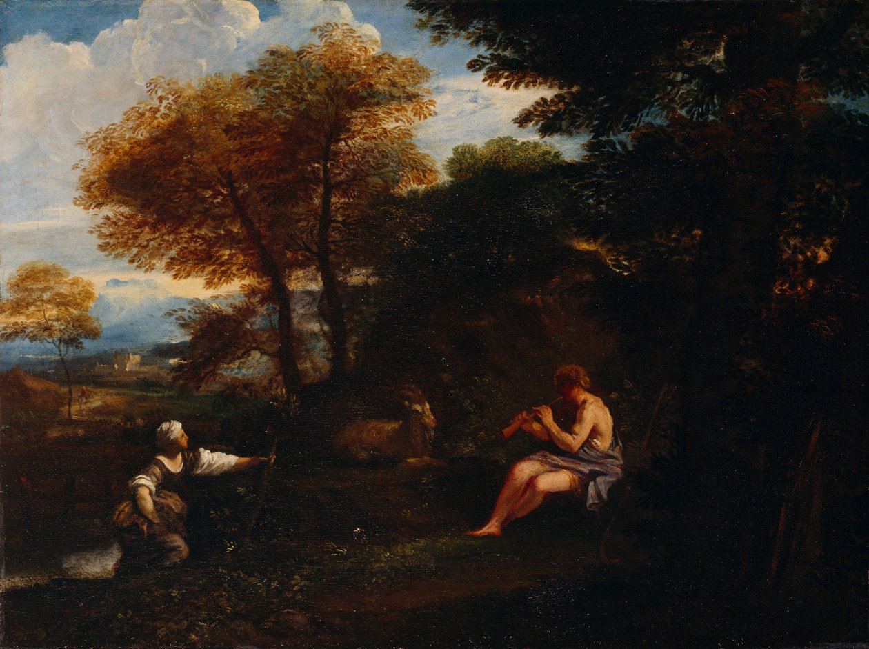 Landskap med en herde och herdinna (olja på duk) av Pier Francesco Mola
