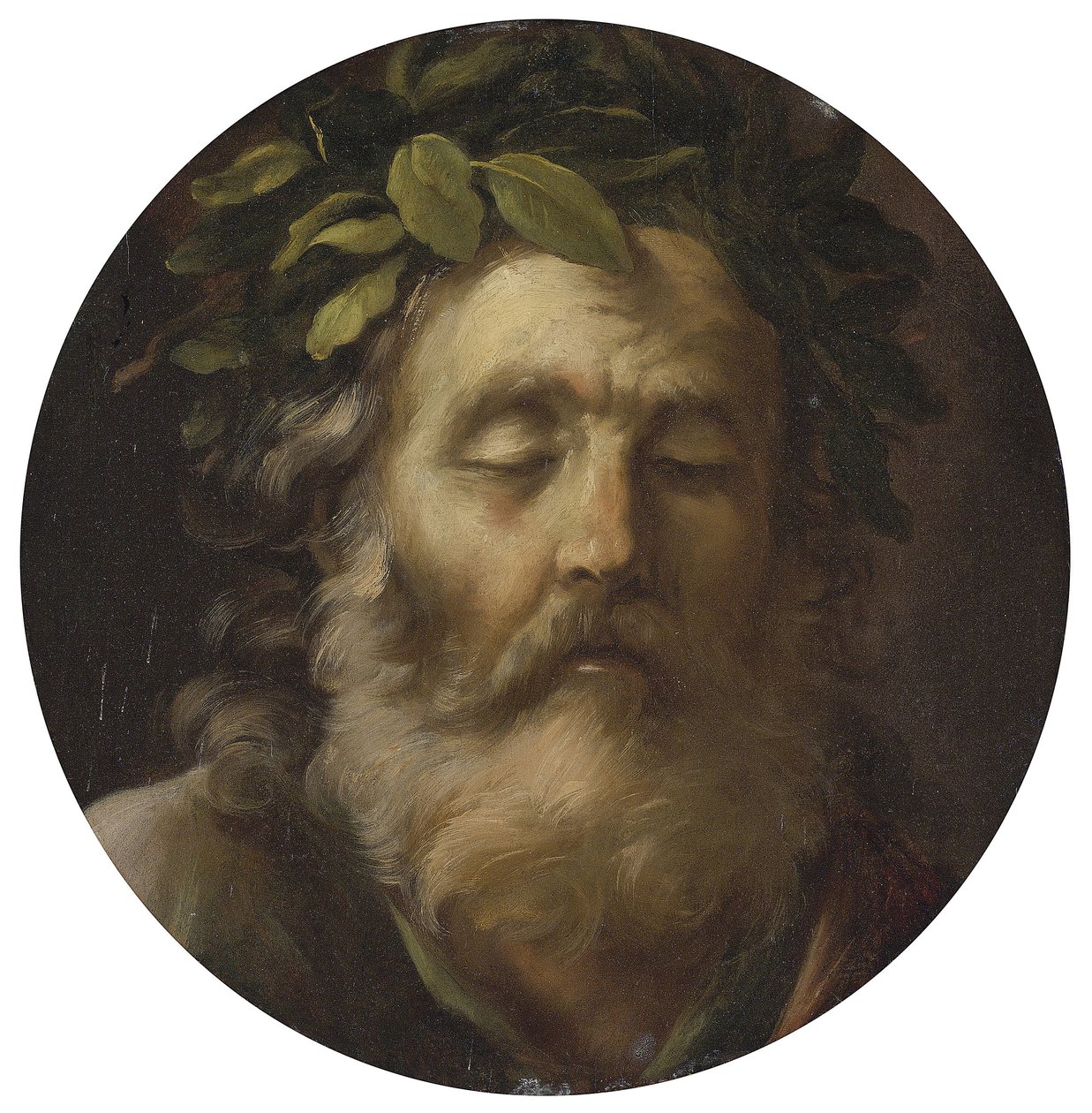 Porträtt av poeten Homer par Mola, Pier Francesco (1612-1666). Olja på trä, storlek : D 38,7, , Privat samling av Pier Francesco Mola