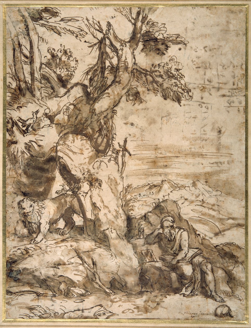 St Hieronymus läser i vildmarken, efter Tizian (ca 1488-1576) (rörpenna & brunt bläck med brunt tvätt på krämigt papper) av Pier Francesco Mola
