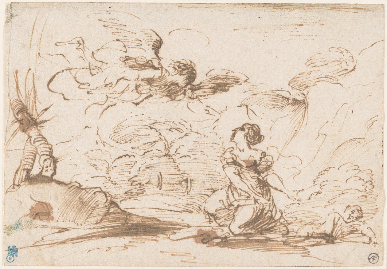 Ängeln som uppenbarar sig för Hagar och Ismael i vildmarken, ca 1645 (penna och brunt bläck med brun lavering på filtpapper) av Pier Francesco Mola