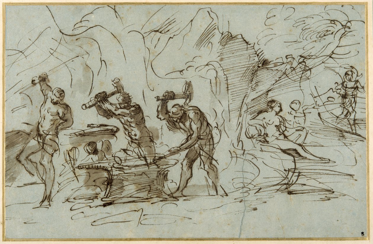 The Forge of Vulcan (penna & bläck med tvätt, förhöjd med gouache på papper) av Pier Francesco Mola
