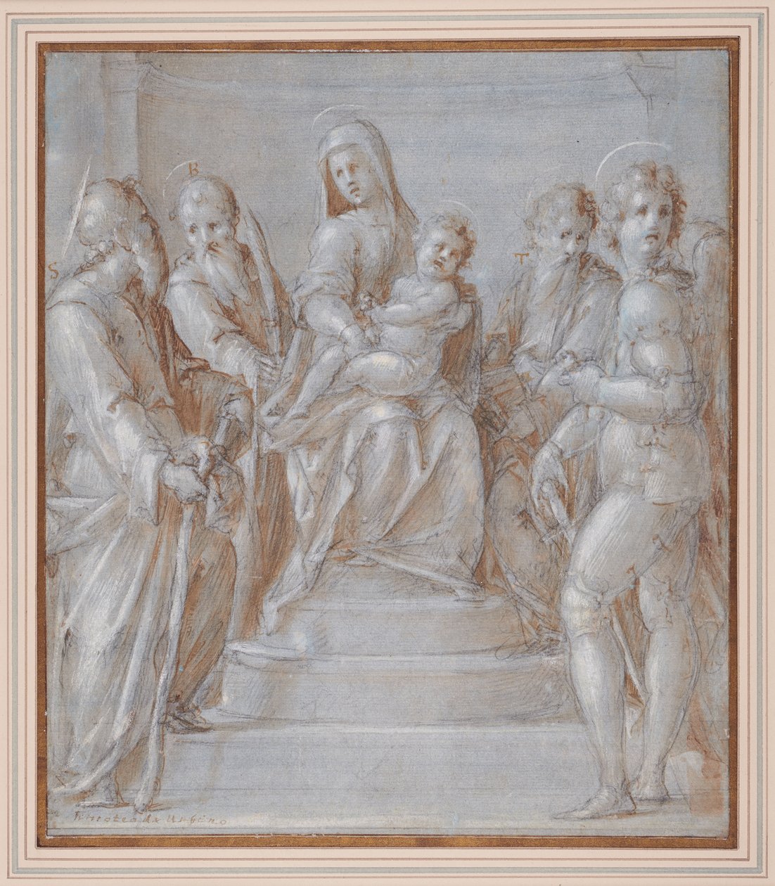 Jungfrun och barnet tronade med heliga, ca 1525 (penna & brunt bläck och skölj över svart krita) av Pier Francesco & Puligo Domenico (1492 1527) Foschi