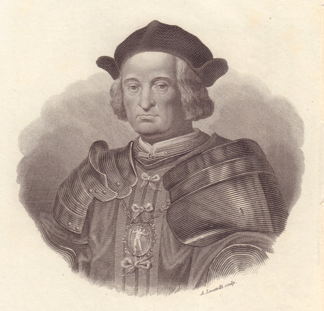 Porträtt av den italienska militärledaren och politikern Gian Giacomo Trivulzio (1440-1518), kopparstick av Locatelli av Blaise Nicolas Le Sueur
