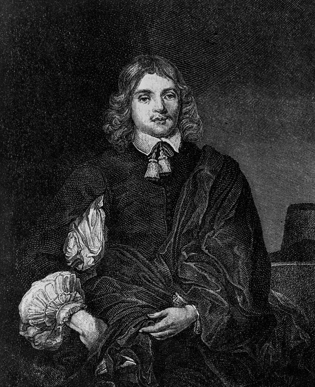 Porträtt av Lucius Cary, 2:e Viscount Falkland (cirka 1610-1643), engelsk författare, politiker och soldat som var utrikesminister från 1642 till 1643, gravyr av Blaise Nicolas Le Sueur