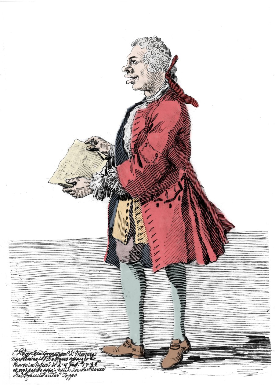 Tecknad av Giovanni Battista Pergolesi (Jean Baptiste Pergolese, Jean-Baptiste) (1710 - 1736). Teckning av Pier Leone Ghezzi (1674 - 1755) som rapporterar att kompositören led av ett handikapp i ena benet och var halt. 1736. av Pier Leone Ghezzi