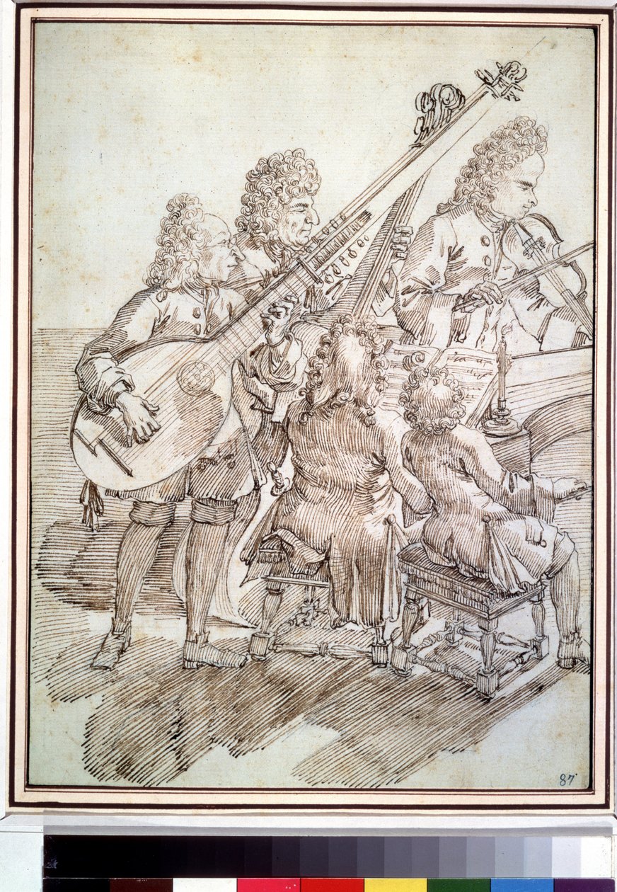 ""Konserten"" Karikatyr som representerar en konsert av fem musiker (kvintett) på luta, fiol, piano, cello. Penna- och bläckteckning av Pier Leone Ghezzi (1674-1755) Pushkin-museet från 1700-talet, Moskva av Pier Leone Ghezzi