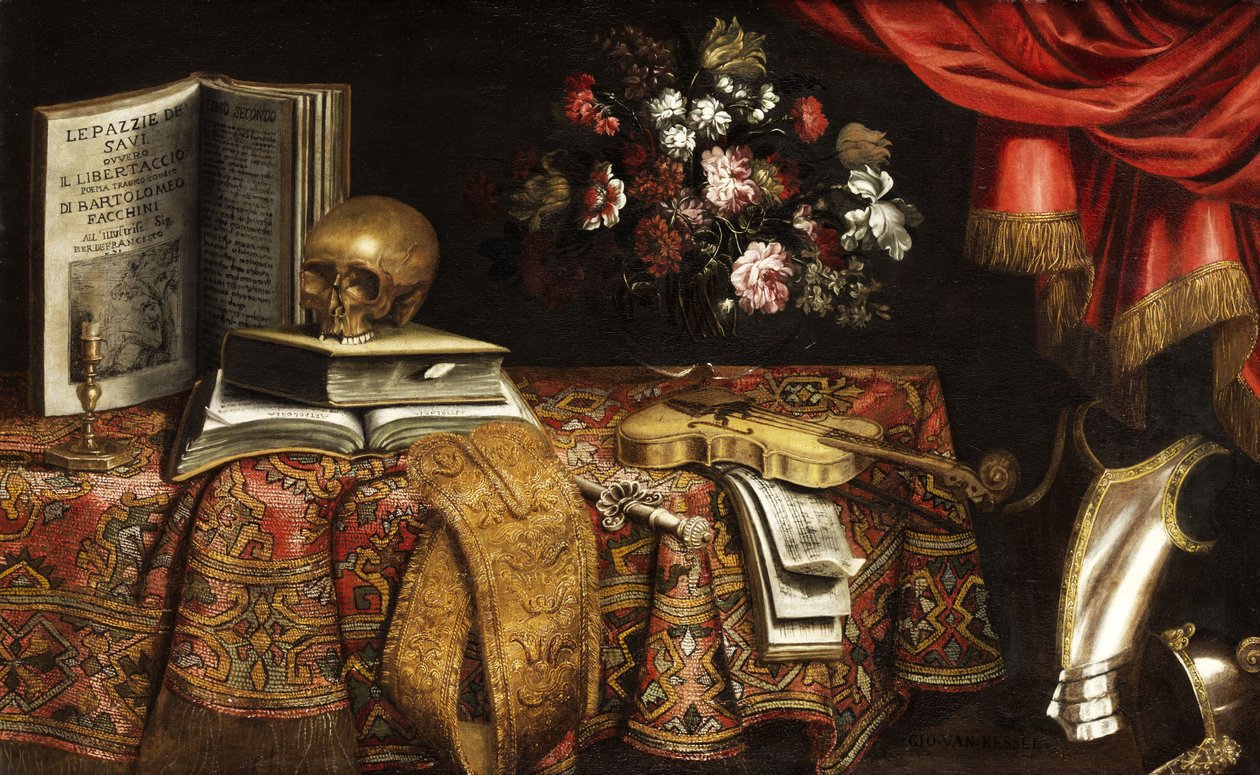 Vanitas stilleben med fiol, musikbok, blomvas och skalle av Pierfrancesco Cittadini