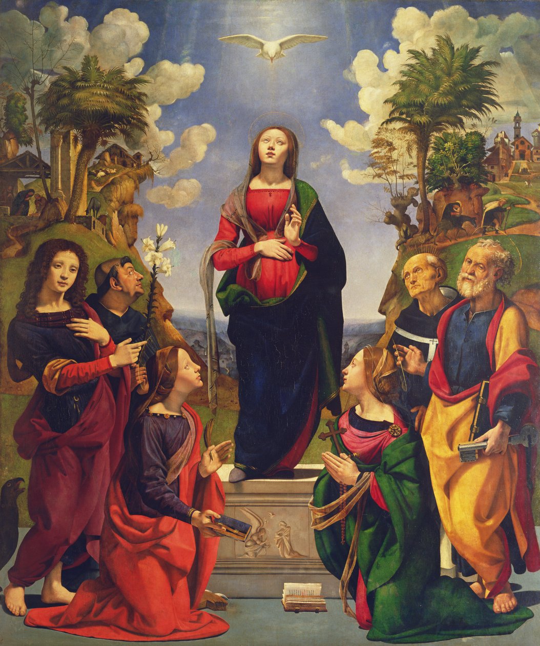 Obefläckad avlelse och sex heliga av Piero di Cosimo
